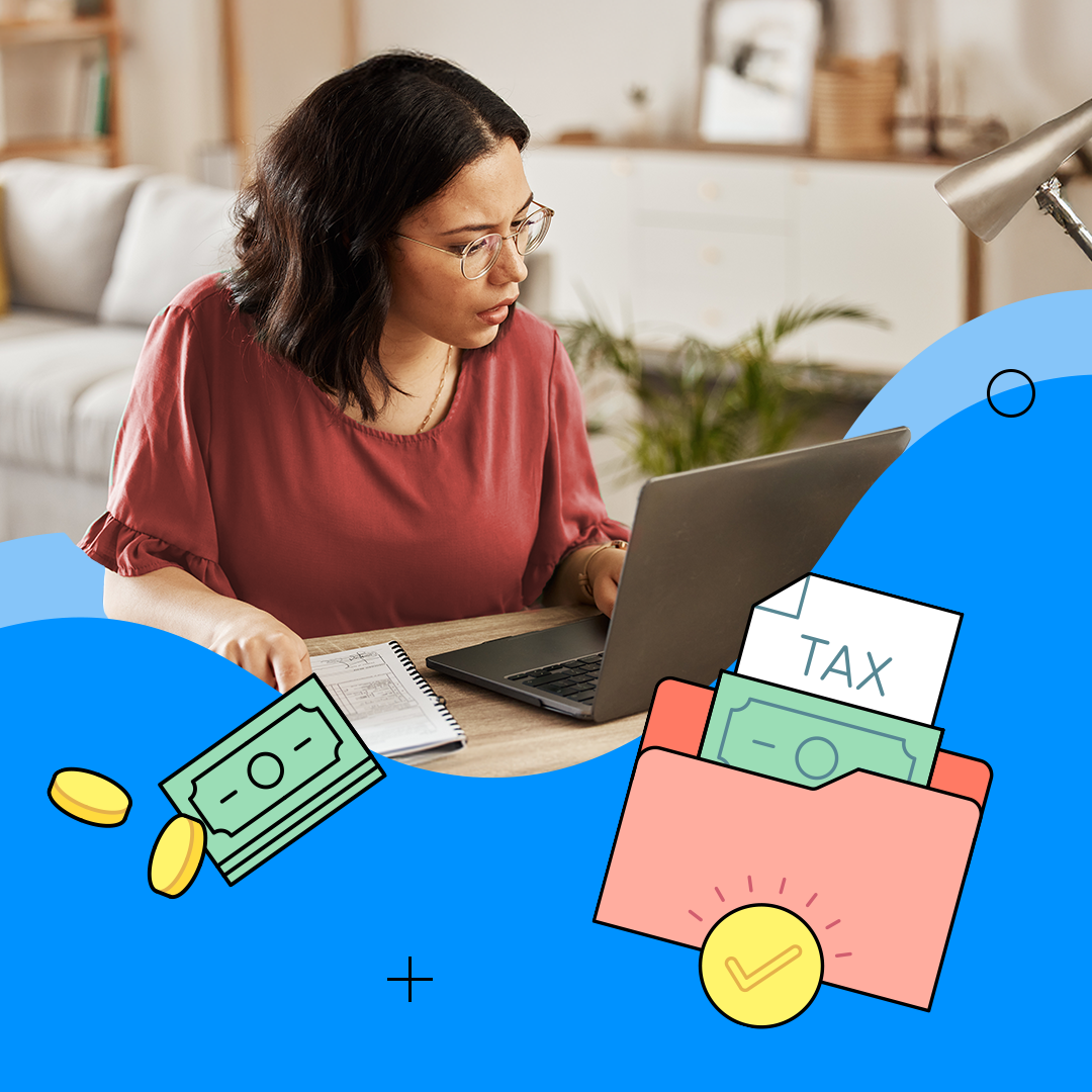 Woman working on laptop with money and tax icons on bottom border