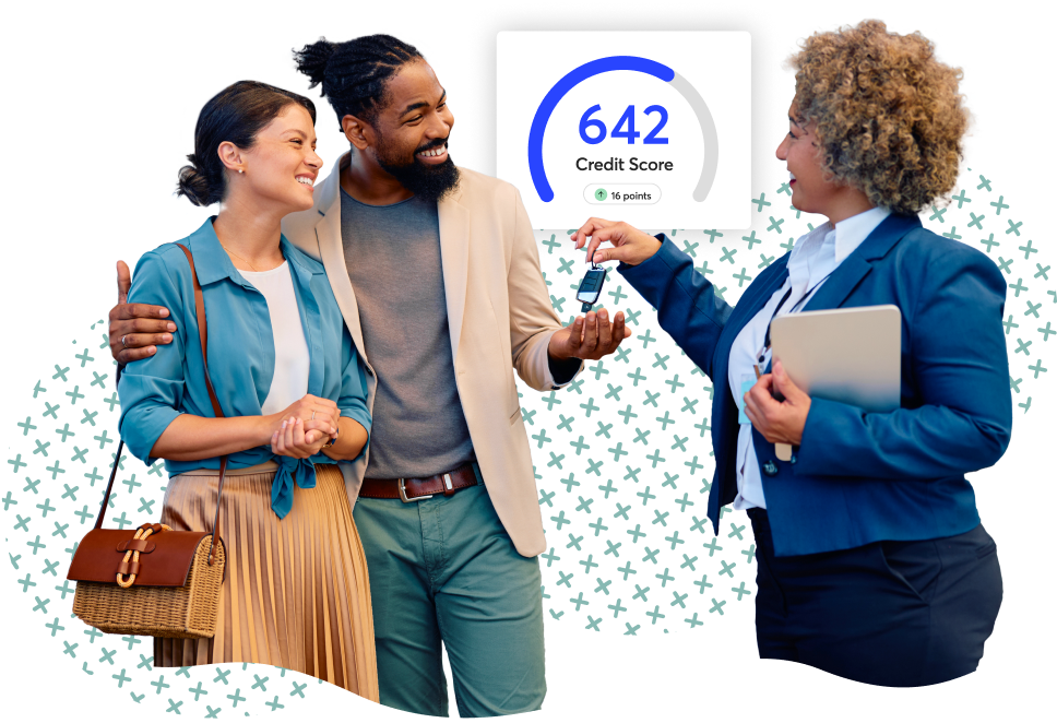 A woman handing car keys to a smiling couple while holding a document folder. A pop-up graphic shows a credit score of 642 with an arrow indicating an increase of 16 points.