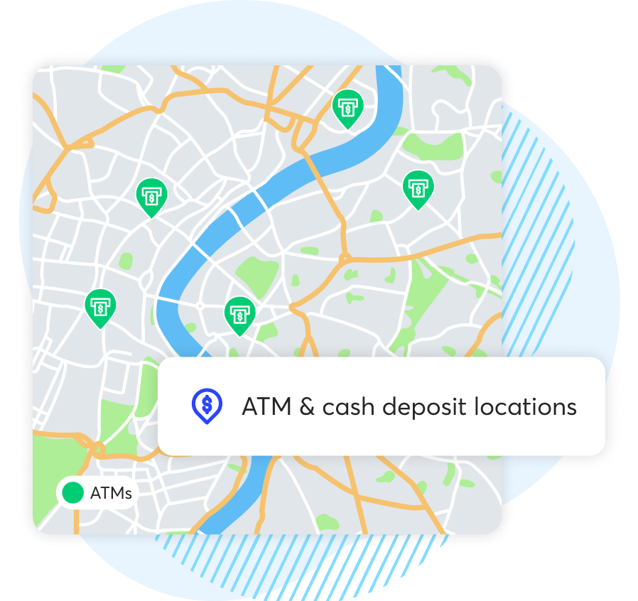 Map showing ATM and cash deposit locations with green icons.