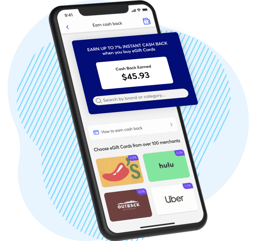 GO2bank app screen showing up to 7% cash back gift cards.