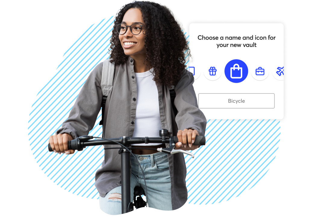 User interface for naming a new savings vault, featuring icon options for house, car, shopping, and key—shopping icon selected, and 'Bicycle' entered as the vault name; background shows a person riding a bike with a backpack.